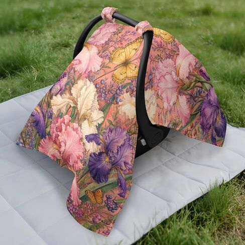 Irises Flowers Pattern Baby Car Seat Cover Stroller Canopy | Muslin-like Cotton Blend, Breathable, Multi-use, Newborn Essentials Must Haves, Fits Most Strollers, for Babies Boys Girls in Kuwait