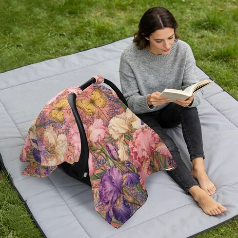Irises Flowers Pattern Baby Car Seat Cover Stroller Canopy | Muslin-like Cotton Blend, Breathable, Multi-use, Newborn Essentials Must Haves, Fits Most Strollers, for Babies Boys Girls in Kuwait