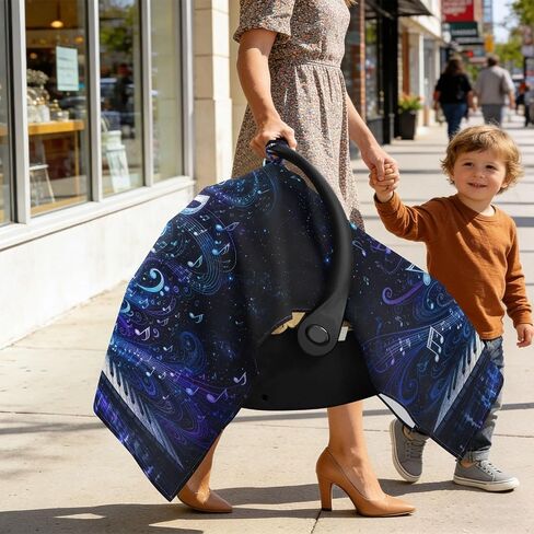 Piano Music Pattern Baby Car Seat Cover Nursing Cover | Muslin-like Cotton Blend, Breathable, Multi-use, Newborn Essentials Must Haves, Fits Most Strollers, for Babies Boys Girls in Kuwait
