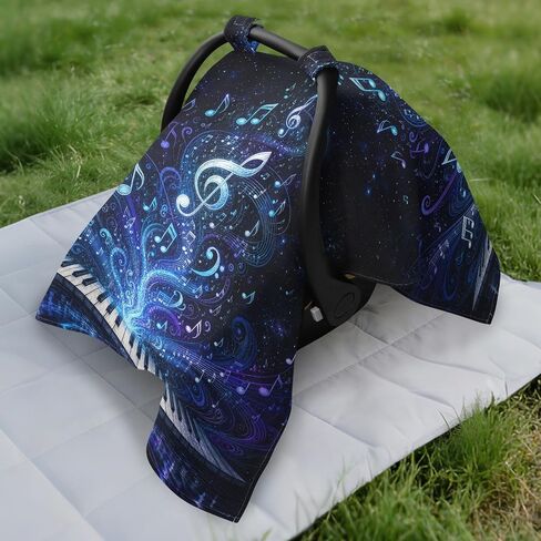 Piano Music Pattern Baby Car Seat Cover Nursing Cover | Muslin-like Cotton Blend, Breathable, Multi-use, Newborn Essentials Must Haves, Fits Most Strollers, for Babies Boys Girls in Kuwait