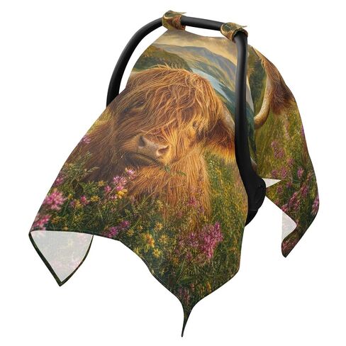 Cow Flowers Pattern Baby Car Seat Cover Nursing Cover | Muslin-like Cotton Blend, Breathable, Multi-use, Newborn Essentials Must Haves, Fits Most Strollers, for Babies Boys Girls in Kuwait