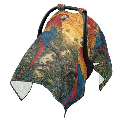 Macaw Parrots Pattern Baby Car Seat Cover Nursing Cover Up | Muslin-like Cotton Blend, Breathable, Multi-use, Newborn Essentials Must Haves, Fits Most Strollers, for Babies Boys Girls in Kuwait