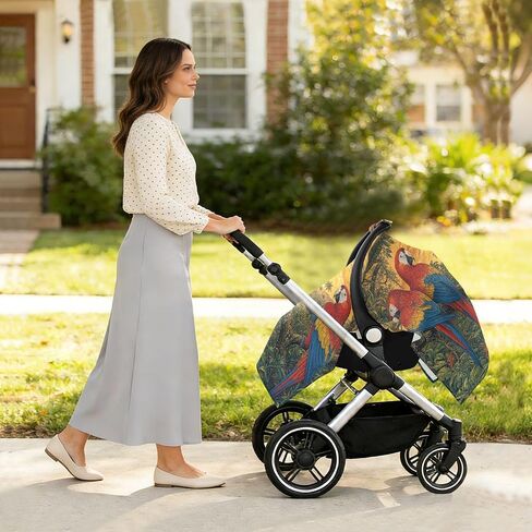 Macaw Parrots Pattern Baby Car Seat Cover Nursing Cover Up | Muslin-like Cotton Blend, Breathable, Multi-use, Newborn Essentials Must Haves, Fits Most Strollers, for Babies Boys Girls in Kuwait
