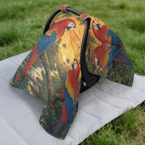 Macaw Parrots Pattern Baby Car Seat Cover Nursing Cover Up | Muslin-like Cotton Blend, Breathable, Multi-use, Newborn Essentials Must Haves, Fits Most Strollers, for Babies Boys Girls in Kuwait