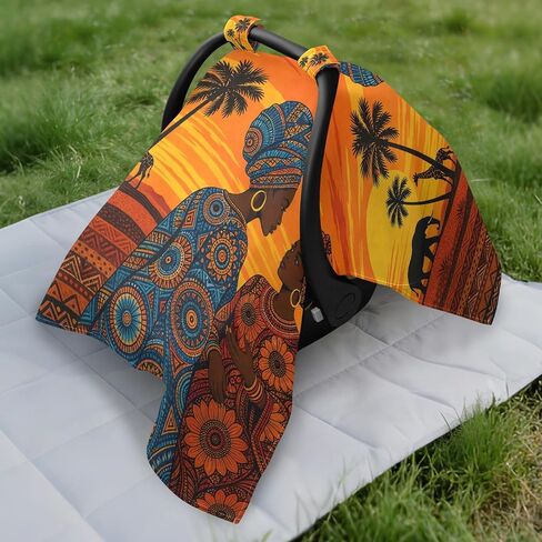 African Woman Print Baby Car Seat Cover Infant Car Seat Canopy | Muslin-like Cotton Blend, Breathable, Multi-use, Newborn Essentials Must Haves, Fits Most Strollers, for Babies Boys Girls in Kuwait