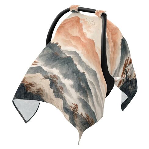 Trees Mountains Print Baby Car Seat Cover Stroller Sun Shade | Muslin-like Cotton Blend, Breathable, Multi-use, Newborn Essentials Must Haves, Fits Most Strollers, for Babies Boys Girls in Kuwait