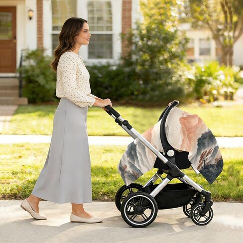 Trees Mountains Print Baby Car Seat Cover Stroller Sun Shade | Muslin-like Cotton Blend, Breathable, Multi-use, Newborn Essentials Must Haves, Fits Most Strollers, for Babies Boys Girls in Kuwait