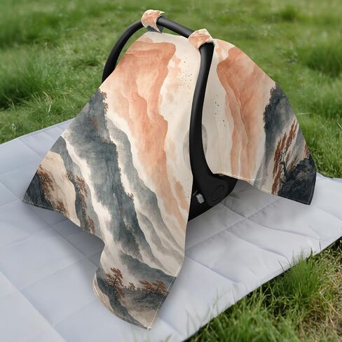 Trees Mountains Print Baby Car Seat Cover Stroller Sun Shade | Muslin-like Cotton Blend, Breathable, Multi-use, Newborn Essentials Must Haves, Fits Most Strollers, for Babies Boys Girls in Kuwait