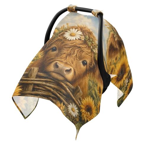 Cow Sunflower Pattern Baby Car Seat Cover Infant Carseat Cover | Muslin-like Cotton Blend, Breathable, Multi-use, Newborn Essentials Must Haves, Fits Most Strollers, for Babies Boys Girls in Kuwait