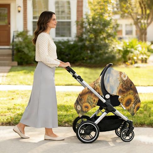 Cow Sunflower Pattern Baby Car Seat Cover Infant Carseat Cover | Muslin-like Cotton Blend, Breathable, Multi-use, Newborn Essentials Must Haves, Fits Most Strollers, for Babies Boys Girls in Kuwait