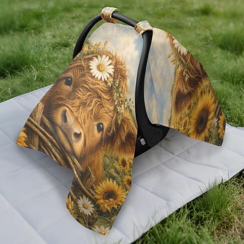 Cow Sunflower Pattern Baby Car Seat Cover Infant Carseat Cover | Muslin-like Cotton Blend, Breathable, Multi-use, Newborn Essentials Must Haves, Fits Most Strollers, for Babies Boys Girls in Kuwait