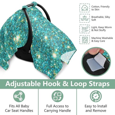 Glitter Teal Pattern Baby Car Seat Cover Carseat Canopy Cover | Muslin-like Cotton Blend, Breathable, Multi-use, Newborn Essentials Must Haves, Fits Most Strollers, for Babies Boys Girls in Kuwait