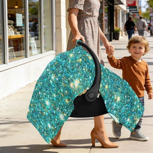 Glitter Teal Pattern Baby Car Seat Cover Carseat Canopy Cover | Muslin-like Cotton Blend, Breathable, Multi-use, Newborn Essentials Must Haves, Fits Most Strollers, for Babies Boys Girls in Kuwait