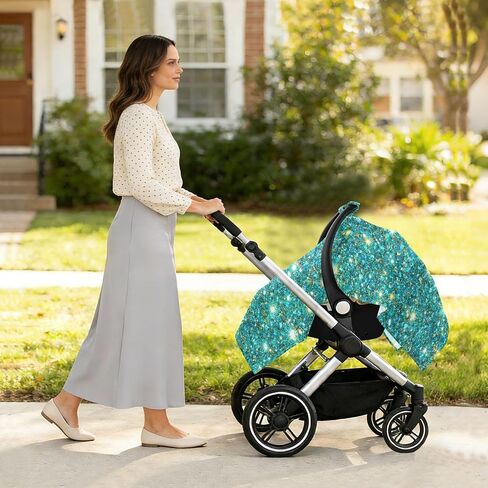 Glitter Teal Pattern Baby Car Seat Cover Carseat Canopy Cover | Muslin-like Cotton Blend, Breathable, Multi-use, Newborn Essentials Must Haves, Fits Most Strollers, for Babies Boys Girls in Kuwait