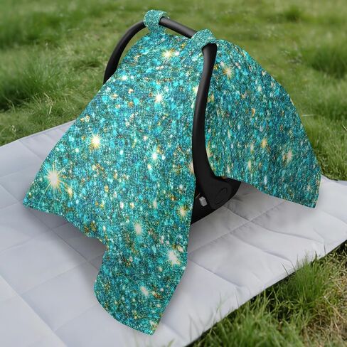 Glitter Teal Pattern Baby Car Seat Cover Carseat Canopy Cover | Muslin-like Cotton Blend, Breathable, Multi-use, Newborn Essentials Must Haves, Fits Most Strollers, for Babies Boys Girls in Kuwait