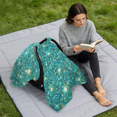 Glitter Teal Pattern Baby Car Seat Cover Carseat Canopy Cover | Muslin-like Cotton Blend, Breathable, Multi-use, Newborn Essentials Must Haves, Fits Most Strollers, for Babies Boys Girls in Kuwait