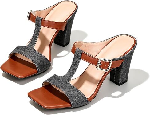 Women's H-Strap Chunky Heel Slides Square Toe Block Heels Denim Sandals | Adjust Strap Buckle Design Open Toe Comfortable Slip On Backless Low Support Dress Mule Slides for Party Vacation Shopping in Kuwait