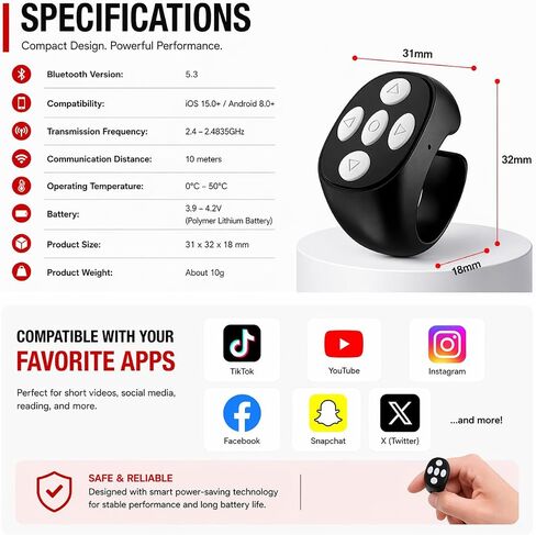 Original Defense® ScrollGenie Bluetooth Scrolling Ring Remote for Phone – Wireless Fingertip Control for TikTok, Instagram & Video Apps – Hands-Free Page Turner, Camera Shutter & Media Clicker in Kuwait