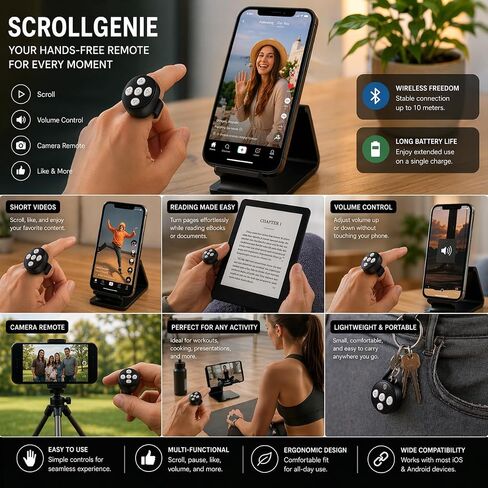 Original Defense® ScrollGenie Bluetooth Scrolling Ring Remote for Phone – Wireless Fingertip Control for TikTok, Instagram & Video Apps – Hands-Free Page Turner, Camera Shutter & Media Clicker in Kuwait