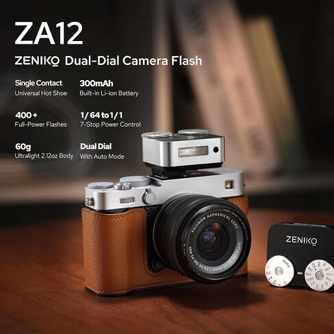 ZENIKO ZA-12B Dual Dial Retro Mini Flash - 2.5s Recycle, 7-Level Power, 400 Shots Single-Contact hotshoe Camera Flash for Fujifilm XM5/XT3, Sony A7M3, Ricoh GR3/4 Camera(Black) in Kuwait