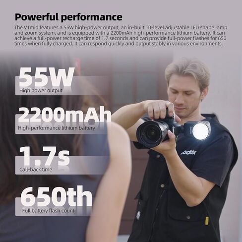 Godox V1 mid F V1midF Round Head TTL Speedlite Flash for Fuji Cameras | 55Ws TTL Round Head Camera Flash,1.7s Recycle Time,2.4G X Wireless HSS 1/8000s,Full-Color Touchscreen,USB-C Lithium Battery in Saudi Arabia