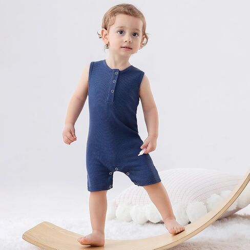 Baby Boys Sleeveless Romper,Newborn Tank Top Summer Clothes Short Jumpsuit | 2 pack cotton infant boy rompers, soft bodysuit, solid outfits,Green+Blue,18-24M in Kuwait