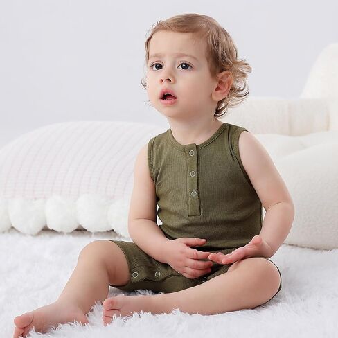 Baby Boys Sleeveless Romper,Newborn Tank Top Summer Clothes Short Jumpsuit | 2 pack cotton infant boy rompers, soft bodysuit, solid outfits,Green+Blue,18-24M in Kuwait