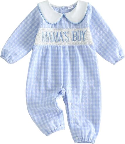 Newborn Baby Boy Fall Outfit Mamas Boy Smocked Romper Long Sleeve Jumpsuit | Peter pan collar, plaid print, letter embroidery, one piece clothes in Kuwait
