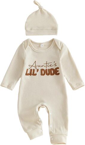 Sejardin Baby Boy Fall Clothes Letter Embroidery Newborn Infant Jumpsuit | Long Sleeve Crew Neck Romper and Hat Set in Kuwait