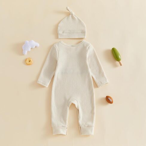 Sejardin Baby Boy Fall Clothes Letter Embroidery Newborn Infant Jumpsuit | Long Sleeve Crew Neck Romper and Hat Set in Kuwait