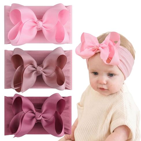 3PCS Baby Girls Bows Headbands, Nylon Hairbands Ribbon Bow | Elastic Hair Accessories for Newborns Infants Toddlers and Kids in Kuwait