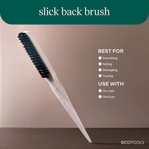 EcoTools Slick Back Hairbrush, Small Brush For The Perfect Ponytail Or Bun, Tease, Smooth, & Style Hair, Tame Frizz & Flyaways, Renewable Bamboo Handle & Vegan Boar Bristles, Cruelty-Free, 1 Count in Kuwait