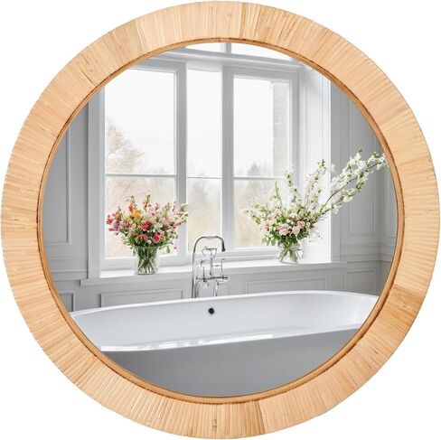 20" Boho Round Rattan Mirror – Handwoven Wicker Wall Mirror for Nursery, Farmhouse & Coastal Décor in Kuwait