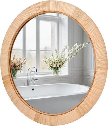 20" Boho Round Rattan Mirror – Handwoven Wicker Wall Mirror for Nursery, Farmhouse & Coastal Décor in Kuwait