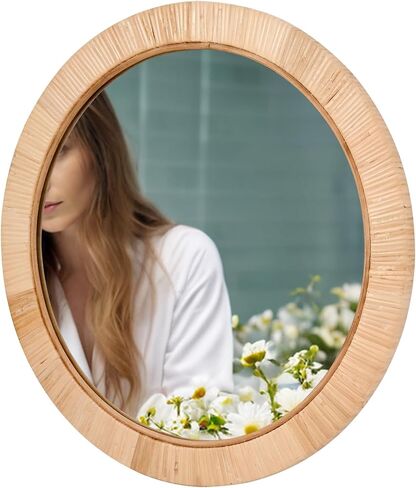 20" Boho Round Rattan Mirror – Handwoven Wicker Wall Mirror for Nursery, Farmhouse & Coastal Décor in Kuwait