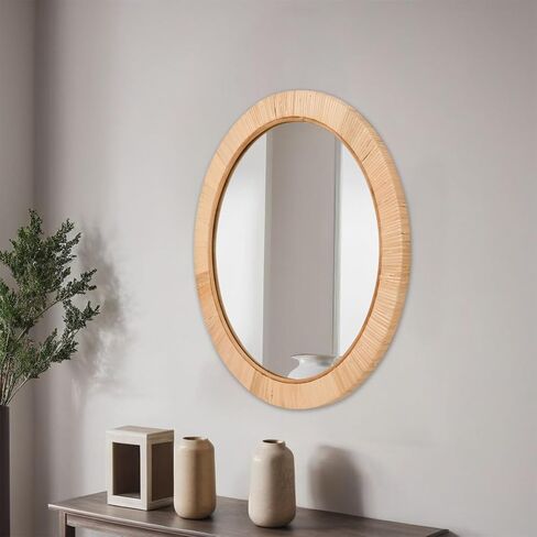 20" Boho Round Rattan Mirror – Handwoven Wicker Wall Mirror for Nursery, Farmhouse & Coastal Décor in Kuwait