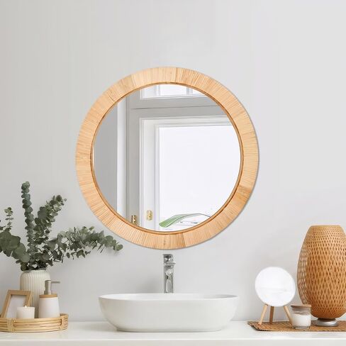 20" Boho Round Rattan Mirror – Handwoven Wicker Wall Mirror for Nursery, Farmhouse & Coastal Décor in Kuwait