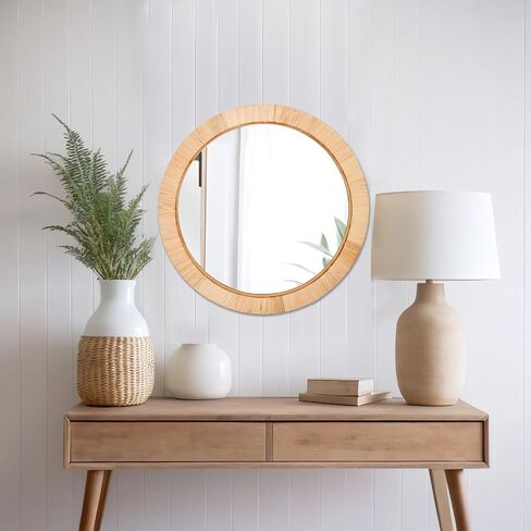 20" Boho Round Rattan Mirror – Handwoven Wicker Wall Mirror for Nursery, Farmhouse & Coastal Décor in Kuwait