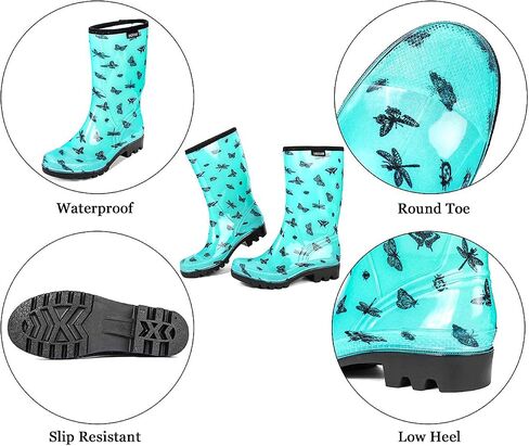 Women's Waterproof Rain Boots Mid Calf Rubber Garden Farm Boots | Wide calf, cushioned insole, and roomy shaft for wet grass, muddy yards, dog walks, and easy rinse-clean care in Kuwait