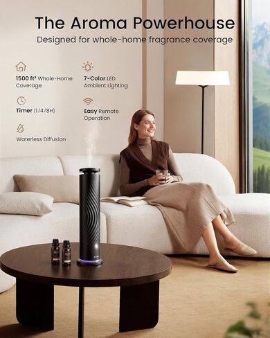 Waterless Essential Oil Diffuser, Ultra-Quiet, 7-Color Mood Light | 5x20mL Hotel-Inspired Oils, Remote Control, Breathing Light, Cold-Air Diffusion, Covers 1500 Sq Ft in Kuwait