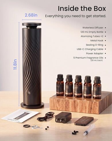 Waterless Essential Oil Diffuser, Ultra-Quiet, 7-Color Mood Light | 5x20mL Hotel-Inspired Oils, Remote Control, Breathing Light, Cold-Air Diffusion, Covers 1500 Sq Ft in Kuwait