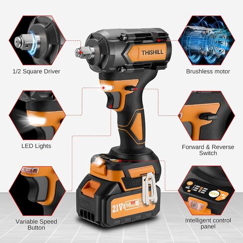 This Hill 45PCS Brushless Impact Wrench, 1/2 Inch Cordless lmpact Driver Set, 600Nm(443Ft-lbs), w/Two 4.0Ah Battery,17 Sockets, High Torque Power Impact Gun for Car Home in Kuwait