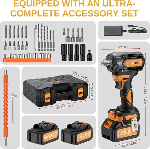 This Hill 45PCS Brushless Impact Wrench, 1/2 Inch Cordless lmpact Driver Set, 600Nm(443Ft-lbs), w/Two 4.0Ah Battery,17 Sockets, High Torque Power Impact Gun for Car Home in Kuwait