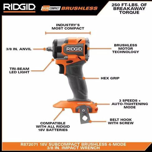 RIDGID 18V SubCompact Brushless 4-Mode 1/2" Impact Wrench (Renewed) in Kuwait