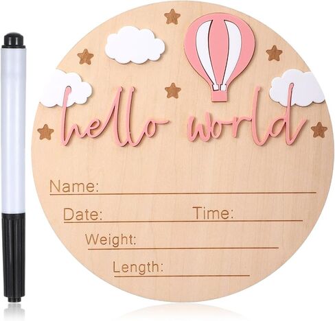 Baby Announcement Sign, Wooden Hello World Newborn Welcome Sign,Birth Stats Signs Newborn Photo Prop, Monthly Milestone Wood Discs (Pink) in Kuwait