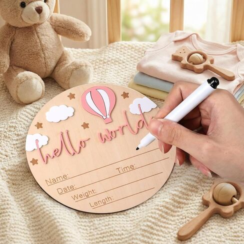 Baby Announcement Sign, Wooden Hello World Newborn Welcome Sign,Birth Stats Signs Newborn Photo Prop, Monthly Milestone Wood Discs (Pink) in Kuwait