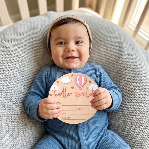 Baby Announcement Sign, Wooden Hello World Newborn Welcome Sign,Birth Stats Signs Newborn Photo Prop, Monthly Milestone Wood Discs (Pink) in Kuwait