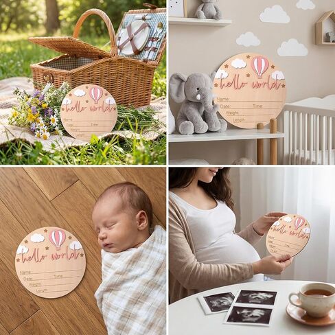 Baby Announcement Sign, Wooden Hello World Newborn Welcome Sign,Birth Stats Signs Newborn Photo Prop, Monthly Milestone Wood Discs (Pink) in Kuwait