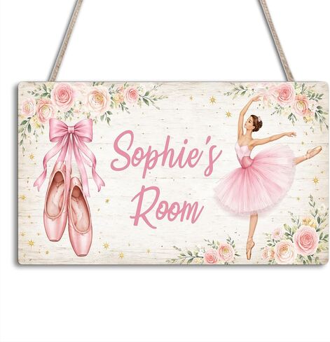 Personalized Ballerina Kids Room Door Sign, Custom Name Sign Wooden Hanging Plaque for Girls Bedroom, Ballet Shoes Pink Floral Toddler Baby Nursery Wall Hanger Decor 12x6 Inches in Kuwait