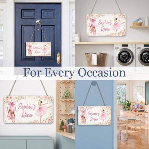 Personalized Ballerina Kids Room Door Sign, Custom Name Sign Wooden Hanging Plaque for Girls Bedroom, Ballet Shoes Pink Floral Toddler Baby Nursery Wall Hanger Decor 12x6 Inches in Kuwait